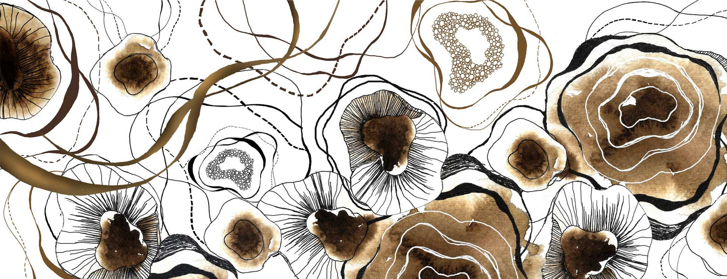 a flat photo of Bryony Brown Printed Organic Rose Petal Scarf, the print is a combination of white brown and black colors. The print is inspired from botanical and geometry.