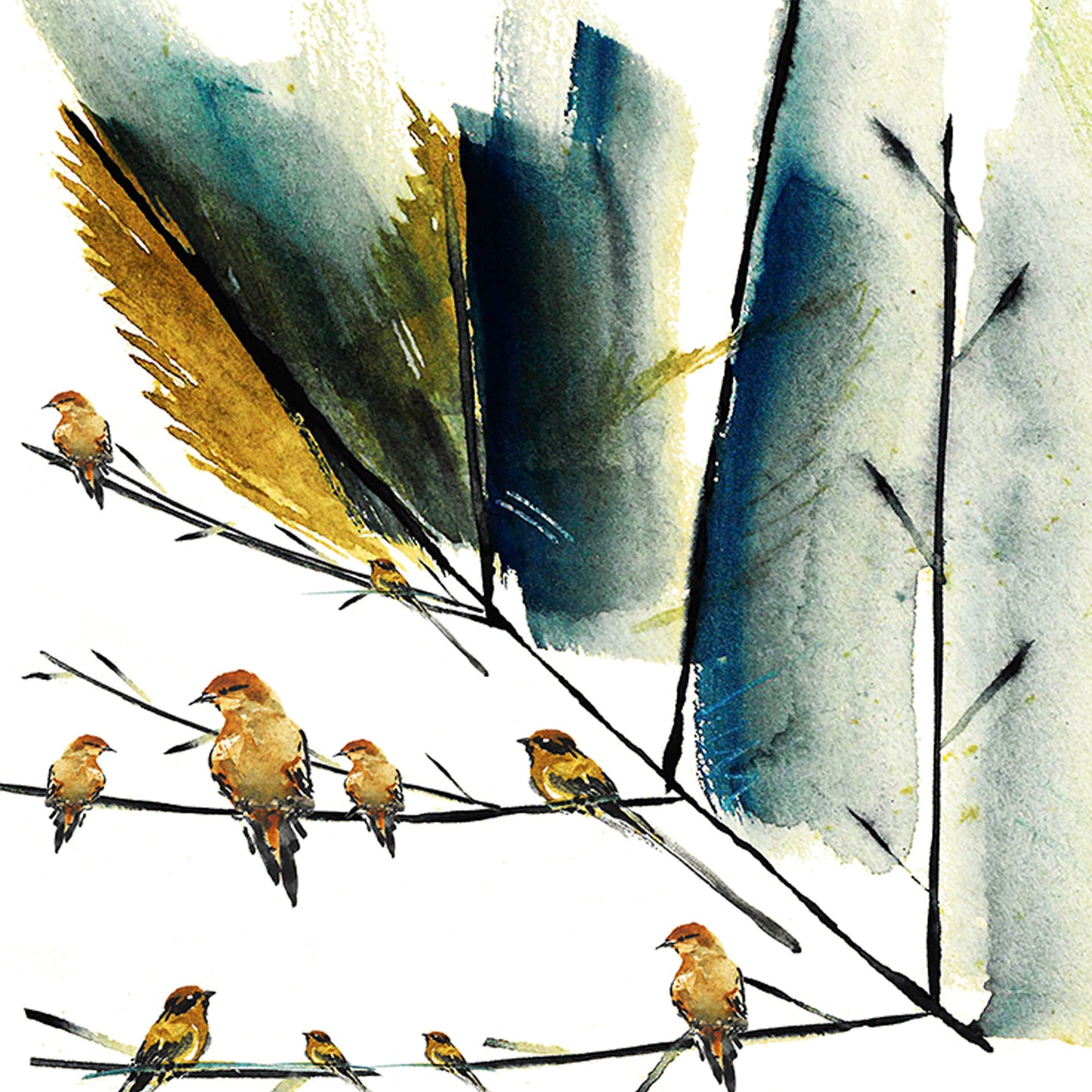 A global small size model draped in organic aloe vera fabric scarf, printed on white base with multicolor leaf and birds sitting on the branches.