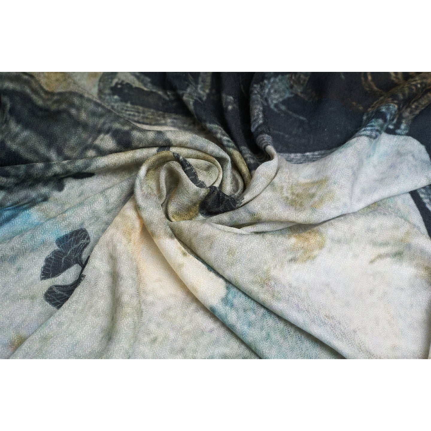 Sina Organic Aloe Vera Fabric Scarf, inspired by the timeless elegance of our Antique Reminiscence Collection. This exquisite scarf features hand-painted artwork depicting Royal Poinciana petals in various shapes and sizes, set against a sophisticated grey-gold background.