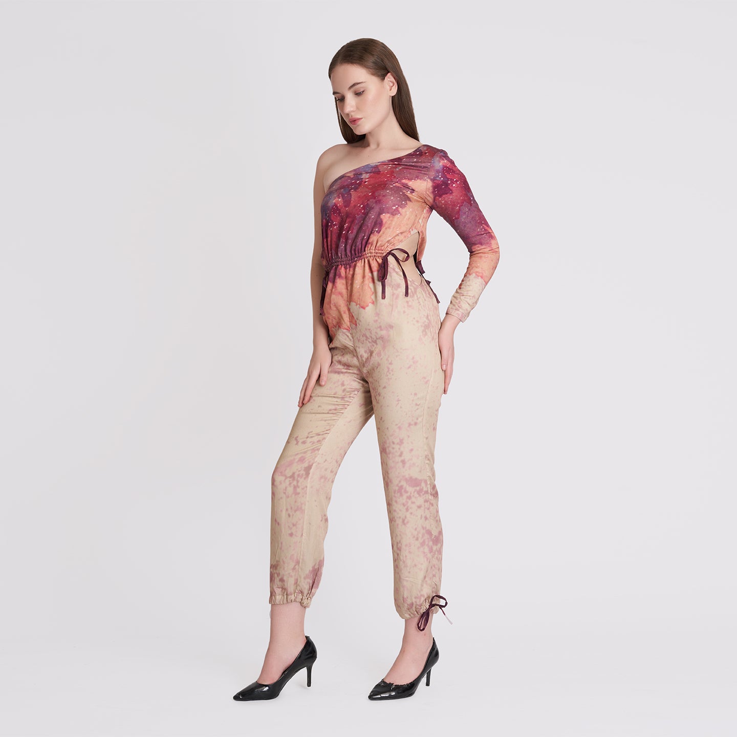 ORGANIC ONE SHOULDER BEIGE LONG JUMPSUIT