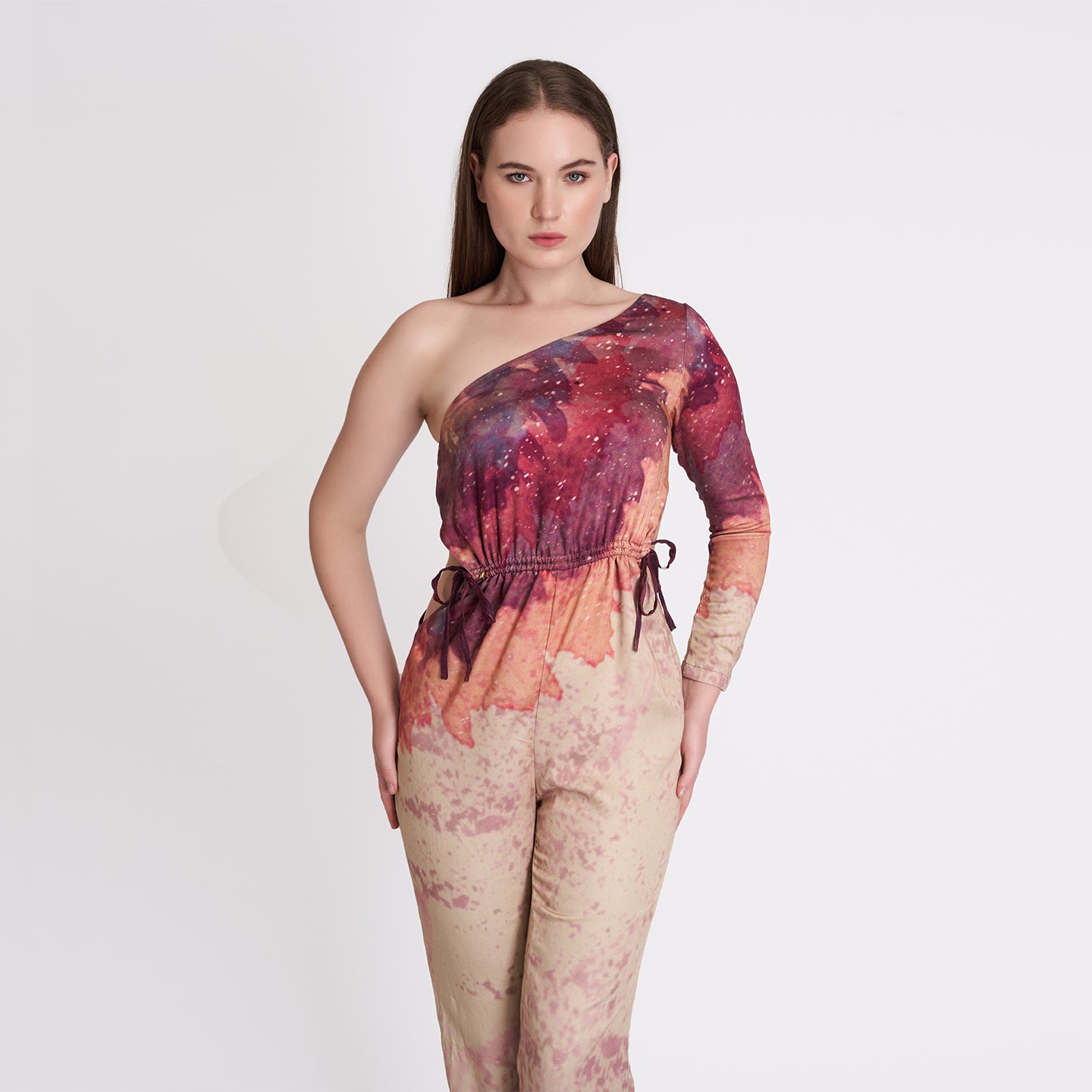 ORGANIC ONE SHOULDER BEIGE LONG JUMPSUIT