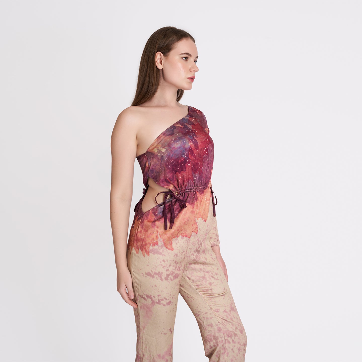 ORGANIC ONE SHOULDER BEIGE LONG JUMPSUIT