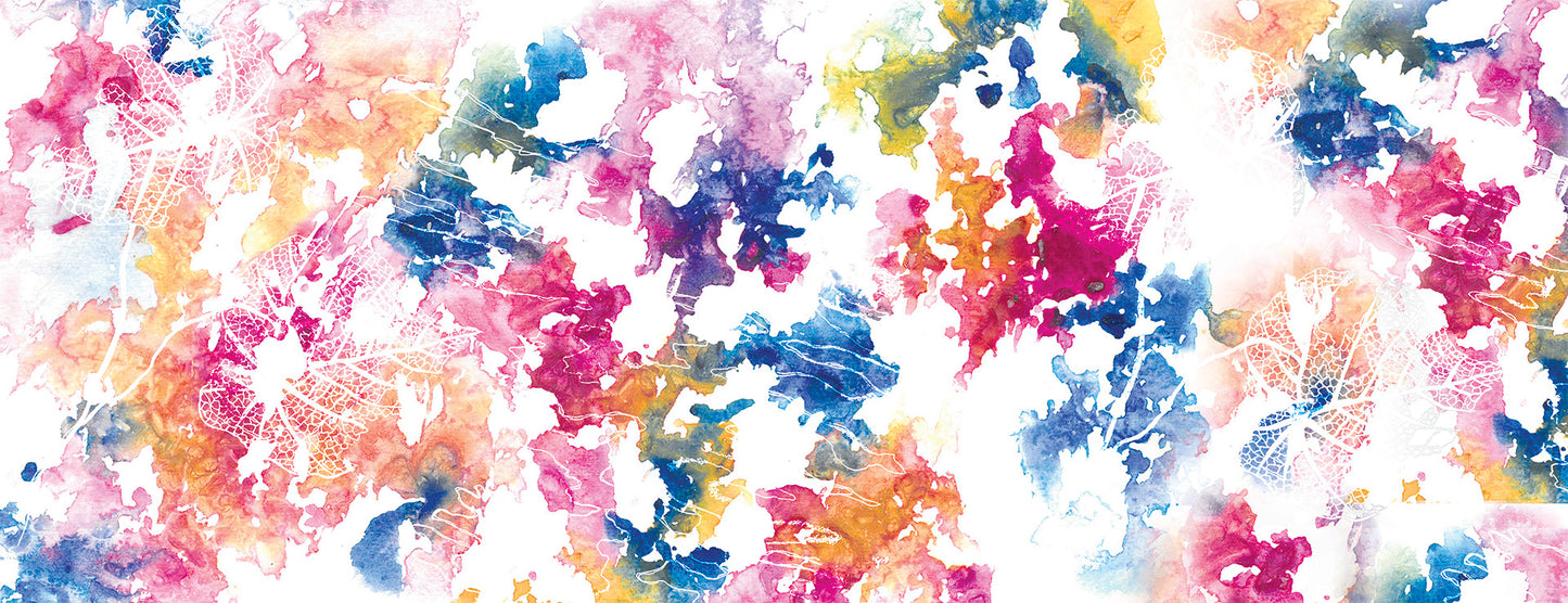 a multicolored scarf of hand painted artwork leaves inspired from botanical geometry, on a white background