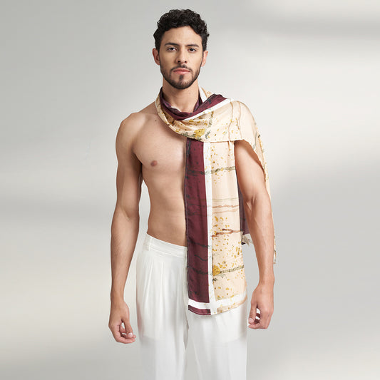 Unisex rose petal silk scarf print with non toxic GOTS certified inks. the print on the scarf is in beige and wine color. 