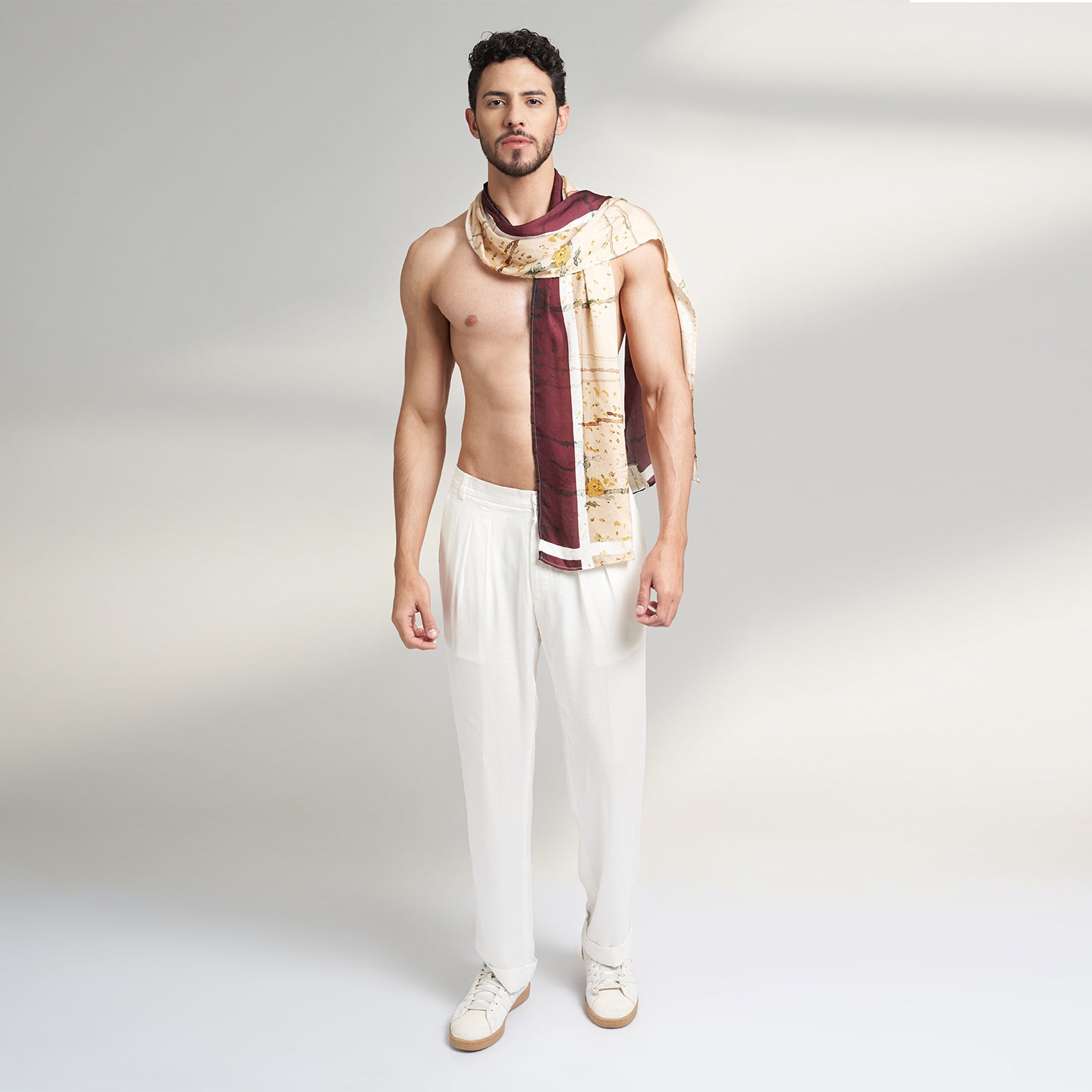 Unisex rose petal silk scarf print with non toxic GOTS certified inks. the print on the scarf is in beige and wine color. 