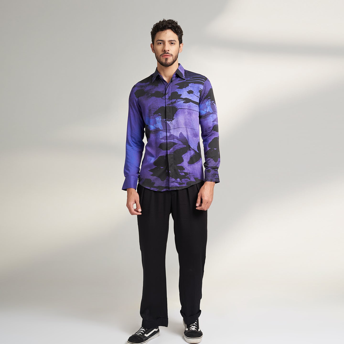 ORGANIC PRINTED BLACK AND PURPLE SHIRT